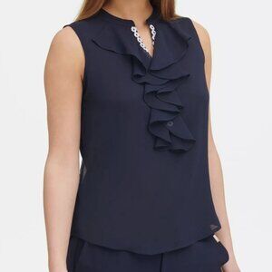 Tommy Hilfiger Navy Blue Ruffled Daisy-Trim Split Neck Sleeveless Blouse Top - S